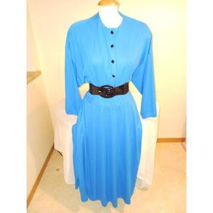 Vintage blue polyester cotton dress with black accent belt large